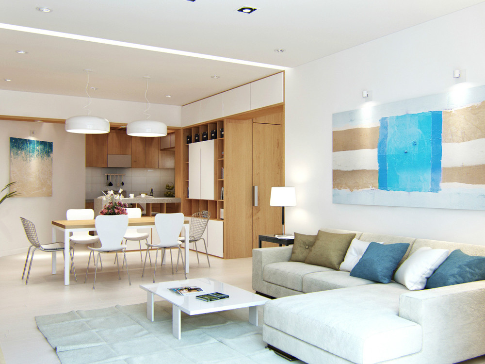 phong cách thiết kế nội thất hiện đại có phòng khách và bếp liên thông